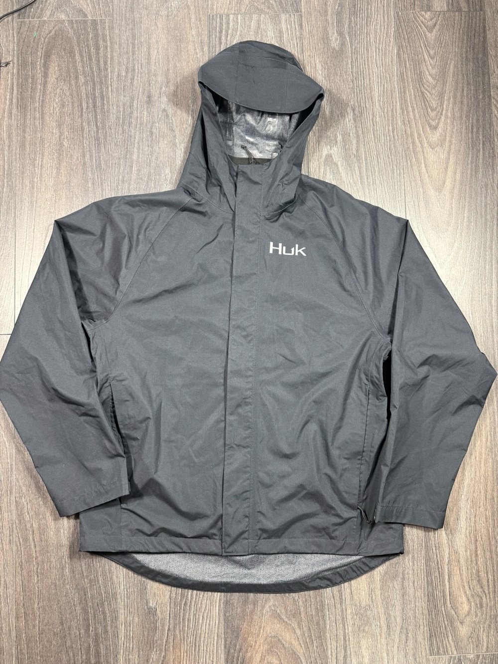 Huk Men's Black Hooded Fishing Raincoat with Logo